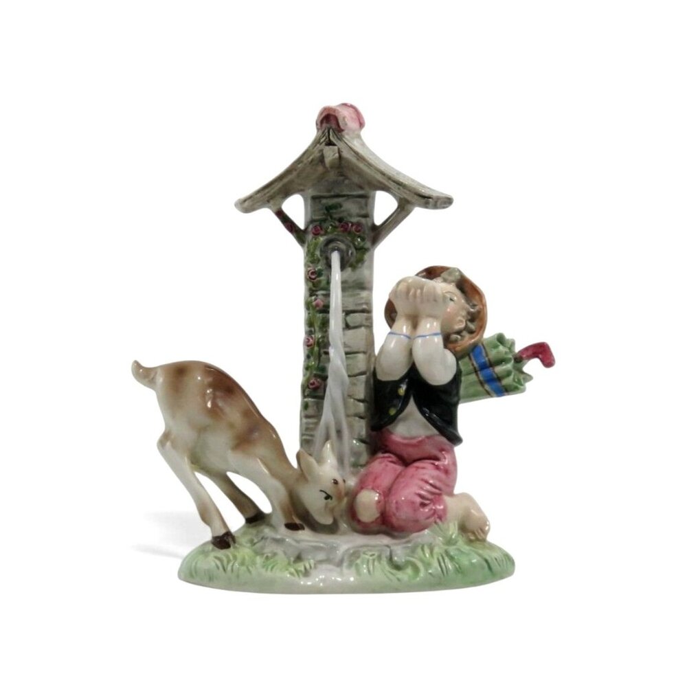 FONTANINI Child and Deer Fawn Well Figurine Italy Vintage 9"